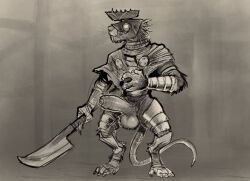 2022 anthro armor balls biped daftpatriot digital_media_(artwork) erection genitals greyscale grin headgear helmet holding_object holding_sword holding_weapon humanoid_genitalia humanoid_penis male mammal melee_weapon monochrome penis rodent skaven smile solo storm_vermin stormvermin warhammer_(franchise) warhammer_fantasy weapon