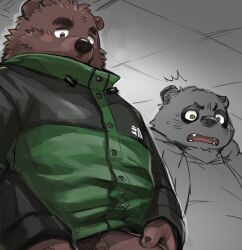 2022 anthro biped black_nose blush brown_body brown_fur canid canine clothing duo fur genitals hi_res hoodie humanoid_genitalia humanoid_hands humanoid_penis kemono kita_9999 male mammal overweight overweight_male penis raccoon_dog shirt tanuki topwear ursid