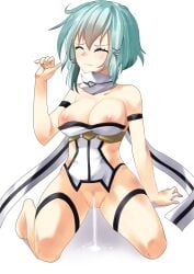 asada_shino blue_eyes blue_hair breasts cum cum_in_pussy gun_gale_online sinon sword_art_online thigh_strap