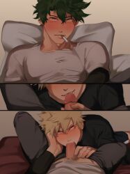 2boys blonde_hair blowjob cigarette currynim fellatio gay green_hair izuku_midoriya katsuki_bakugou male male/male male_only my_hero_academia oral oral_sex penis penis_in_mouth smoking spiky_hair yaoi