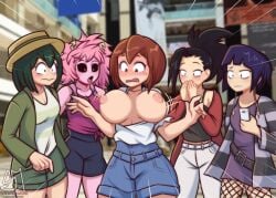 5girls accidental_exposure artist_initials artist_name big_breasts breast_slip breasts_out clothed clothed_female clothed_female_nude_female clothing embarrassed embarrassed_nude_exposure embarrassed_nude_female enf exposed_breasts female female_only human humanoid kyoka_jiro mina_ashido momo_yaoyorozu multiple_girls my_hero_academia nipple_slip nipples noseless ochako_uraraka public public_exposure public_nudity semidraws toony tsuyu_asui wardrobe_malfunction