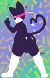 anthro ass balls big_butt black_body black_fur cat_ear cat_tail clothing domestic_cat felid feline felis fur genitals hat headgear headwear hi_res male mammal slippsy solo thick_thighs white_body white_fur wide_hips