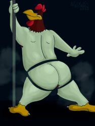 agogoart anthro ass avian beak big_butt bird chicken chubby_male clothing dancing feathers foghorn_leghorn galliform gallus_(genus) hi_res jockstrap looney_tunes male overweight overweight_male phasianid pole slightly_chubby soft_feathers solo stripper stripper_pole underwear warner_brothers white_body white_feathers