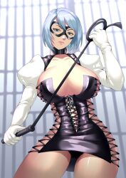 alternate_costume big_breasts black_panties cameltoe dominatrix domino_mask earrings female female_only fishnets franziska_von_karma gloves gyakuten_saiban haryu_(artist) haryudanto karuma_mei latex mask masked masked_female mole panties short_hair silver_eyes silver_hair thick_thighs upskirt whip