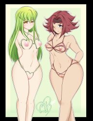 2girls bikini blue_eyes c.c. code_geass crotchless crotchless_panties green_hair kallen_stadtfeld long_hair mamarogue multiple_girls nippleless_bra red_hair short_hair small_breasts tagme yellow_eyes