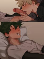 2boys blonde_hair cigarette currynim fellatio gay genitals izuku_midoriya katsuki_bakugou licking_penis male male_only my_hero_academia oral oral_sex penis spiky_hair yaoi