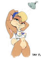 anthro armpits arms_behind_head bottomless breasts child_bearing_hips clothed clothing female hi_res lagomorph leporid lola_bunny looking_at_viewer looney_tunes mammal medium_breasts navel nipple_piercing nipples piercing pose posing pussy rabbit reddishfox_(artist) sensual shower smile solo warner_brothers wet wet_clothing