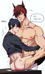 2boys aphelios black_hair black_hair_bottom black_thighhighs blush bottomless bubble_butt domination embrace facial_scar facial_tattoo gay implied_sex league_of_legends light_hair_on_dark_hair looking_at_viewer male male_only muscular muscular_male red_hair red_hair_on_black_hair red_hair_top ryub sett sitting sweat tattoos thighhighs thought_bubble topless_male yaoi