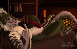 anthro beckoning bodily_fluids ejaculation genital_fluids genitals gesture hi_res male orionfell penis precum ribbed_penis sergal solo