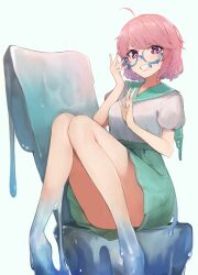 absurd_res adjusting_glasses chair dripping eyebrows_visible_through_hair glasses hiiragi_mikoto knees_together_feet_apart looking_at_viewer matching_hair/eyes medium_breasts melting_clothes pink_eyes pink_hair sae_(vtuber) sailor_collar sitting skirt slime slime_girl slime_hair smile thighs virtual_youtuber white_background