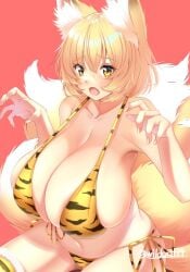 :o animal_ear_fluff animal_ears animal_print bare_shoulders blonde_hair blush breasts claw_pose cleavage collarbone eyebrows_visible_through_hair female fingernails fox_ears fox_tail fur_trim hair_between_eyes hands_up horny huge_breasts multiple_tails no_hat no_headwear oerba_yun_fang open_mouth ran_yakumo red_background short_hair simple_background solo tail thighhighs thighs tiger_print touhou wildcat_(kusonemi) yellow_eyes