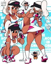 abs ass black_eyes blush breasts brown_skin capybara chibi cleavage earrings english_text golf golf_ball golf_club golf_outfit looking_at_viewer mia_(scott_malin) multiple_poses muscular muscular_female original panties pink_panties ponytail print_panties scott_malin sitting skirt sneakers socks squatting standing tagme text thighs upskirt visor white_hair