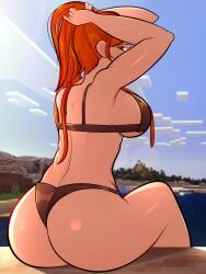 1girls alex_(minecraft) arkeus arms_up ass bikini black_bikini black_eyes breasts female female_only looking_at_viewer looking_back minecraft outside red_hair sideboob sitting tagme thighs