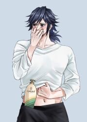 appny_ren black_hair bulge covering_mouth covering_self demon_slayer embarrassed erection erection_under_clothes kimetsu_no_yaiba looking_away male male_only ponytail shampoo_challenge shirt_lift solo tomioka_giyuu