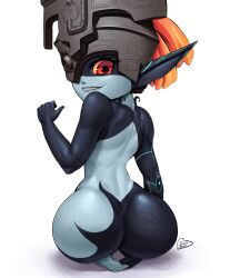 artist_signature ass backside big_ass bubble_ass bubble_butt female female_only headgear humanoid imp_midna large_ass looking_at_viewer looking_back midna nintendo nude red_eyes shortstack sitting slim_waist smile solo speedl00ver the_legend_of_zelda twili twilight_princess white_background
