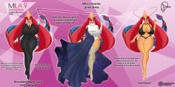 anthro bikini bra breasts character_profile cleavage clothed female female_only female_pokemon fins fish fish_girl fish_humanoid game_freak hair hips information light_skin long_tail mila_(president_alexander) milotic nintendo office_dress office_lady partially_clothed pink_eyes pokémon_(species) pokemon president_alexander red_hair simple_background tail thighs underwear