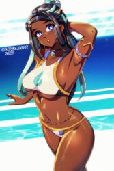 1girls 2022 arwald beach bikini blue_eyes blue_hair breasts dark_skin game_freak gem jewelry long_hair medium_breasts nessa_(pokemon) nintendo pokemon pokemon_ss swimsuit underboob