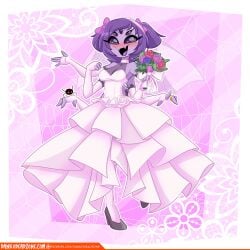 5_eyes 6_arms arachnid blush bow breasts cleavage cute cute_fangs dankodeadzone eyelashes female fingerless_gloves flower flowers fully_clothed gloves high_heels highres lingerie long_gloves muffet purple_hair spider undertale wedding_dress wholesome