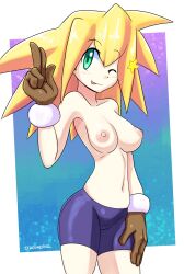 1girls arched_back bare_shoulders bike_shorts blonde_hair blush breasts cameltoe gloves green_eyes ichduhernz mega_man mega_man_legends nipples roll_caskett solo topless wink