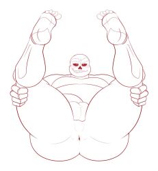 1boy alternate_universe anus ass balls blush chubby eyebrows_raised legs_up looking_at_viewer male_only not_colored penis red_outline redeyedgazer sans sharp_teeth skeleton smile thick_thighs underfell underfell_sans undertale