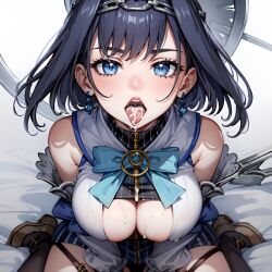 1girls after_fellatio after_oral ai_generated bare_shoulders blue_eyes blue_hair boob_window breasts cleavage cleavage_cutout clock cum cum_in_mouth cum_on_breasts earings female hi_res hololive hololive_english hololive_english_-council- hololive_english_-promise- kneeling large_breasts looking_at_viewer open_mouth oral_creampie ouro_kronii ribbon short_hair stable_diffusion tongue tongue_out virtual_youtuber
