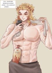 abs blonde_hair bulge cellphone demon_slayer erection erection_under_clothes kimetsu_no_yaiba korean_text long_hair_male male male_only muscular muscular_male pecs phone rengoku_kyoujurou selfie shampoo_challenge smile solo thick_eyebrows topless topless_male towel towel_around_neck two_tone_hair