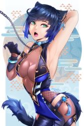 1girls abs absurd_res arched_back armpits arms_up bangs bare_shoulders beauty_mark big_breasts blue_hair bodysuit braid breasts cat_ears cat_tail catgirl chains claws cleavage clothed clothing collar collarbone detailed_background elbow_gloves fangs female genshin_impact gloves green_eyes hi_res highres hips large_breasts leash looking_at_viewer mouth_open open_mouth pixie_(pixieinktvis) see-through short_hair slim_waist small_waist solo standing tassel tight_clothing vision_(genshin_impact) waist white_background wide_hips yelan_(genshin_impact)