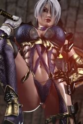 1girls 3d depth_of_field fanart female female_only gloves gray_hair grey_hair isabella_valentine large_breasts leg_up looking_at_viewer one_leg_up pinup slushe_(website) solo solo_female soul_calibur str4hl straps viewed_from_below whip white_hair