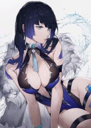 1girls big_breasts blue_eyes blue_hair breasts cleavage collar curvy curvy_figure female female_only genshin_impact large_breasts necklace qiandai qiandaiyiyu solo solo_female sweat thick thick_thighs thigh_strap voluptuous yelan_(genshin_impact)