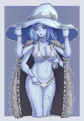 1girls 2022 2d 4_arms bikini blue_eyes blue_hair blue_skin breasts cleavage cracked_skin doll elden_ring female female_only fromsoftware multi_face ranni_the_witch simple_background solo solo_female sven_corvus witch witch_hat