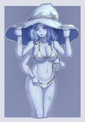 1girls 2022 2d 4_arms bikini blue_eyes blue_hair blue_skin breasts cleavage cracked_skin doll elden_ring female female_only fromsoftware multi_face ranni_the_witch simple_background solo solo_female sven_corvus witch witch_hat