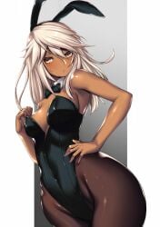 1girls blush bowtie breasts bunny_ears bunnysuit dark-skinned_female dark_skin female female_only guilty_gear highleg highleg_leotard pantyhose ramlethal_valentine solo takanashi-a thick_thighs wide_hips