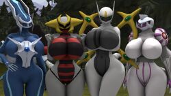 16:9 2021 3d 3d_(artwork) altered_forme_giratina anthro arceus big_breasts blue_body breast_squish breasts crossed_arms dialga digital_media_(artwork) dnrud12 female genitals giratina green_eyes grey_body group hand_on_hip hi_res legendary_pokemon looking_at_viewer nintendo nude palkia plant pokémon_(species) pokemon pokemon_(species) pussy red_eyes source_filmmaker squish standing tree video_games white_body widescreen