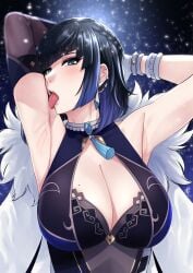 1girls armpit_focus armpits arms_behind_head arms_up bangs bare_armpits big_breasts black_gloves blue_eyes blue_hair blush bodysuit boob_window braid breasts cleavage clothing detailed_background dice dress ear_piercing ear_ring earring earrings elbow_gloves eyebrows_visible_through_hair eyelashes_visible_through_hair female female_only genshin_impact gloves gradient gradient_hair green_eyes highres huge_breasts jewelry large_breasts licking licking_armpit licking_own_armpit looking_at_viewer medium_hair mole mole_on_breast mouth_open necklace open_mouth saliva saliva_on_armpits short_hair slim_waist small_waist solo solo_female tassel tight_clothing tongue tongue_out upper_body waist woman xtermination yelan_(genshin_impact)