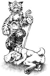 anthro anus balls bondage bondage bound claws collar dominant dominant_male duo feet felid foreskin genitals hi_res lagomorph leash leash_pull leporid male male/male mammal pantherine pawpads penis predator/prey questionable_consent rabbit smug step_pose tall_snoopy tiger worried worried_look