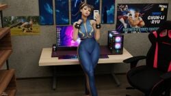 1girls 3d blender blender_(software) bows bracelet capcom cellphone chun-li chun-li_(fortnite) computer female female_only fortnite fully_clothed hairbow high_resolution red_lj ryu_(street_fighter) selfie setup solo street_fighter