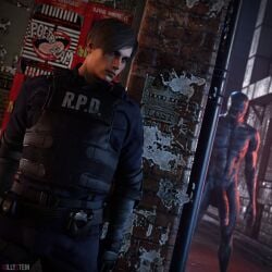 3d 3d_(artwork) clothed_sex gay humanoid_penis imminent_gay_sex imminent_sex killystein leon_scott_kennedy male male_focus male_only monster police_uniform regenerator resident_evil resident_evil_2 tyranted yaoi