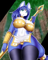 anthro aozora_(tasogare_aozora) big_breasts blue_body blue_fur blue_hair breasts canid canine clothed clothing female fox fur genitals hair krystal mammal nintendo pussy solo star_fox video_games