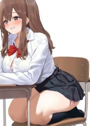 bra_peek clenched_teeth enormous_breasts huge_breasts kaisen_chuui original pink_bra school_uniform schoolgirl showing_teeth side-tie_panties skirt tagme thighs