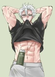 abs appny_ren arms_up bulge demon_slayer erection erection_under_clothes facial_scar hair_between_eyes hands_behind_head kimetsu_no_yaiba looking_at_viewer male male_only muscular muscular_male sanemi_shinazugawa scars shampoo_challenge shirt_in_mouth shirt_lift solo white_hair