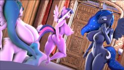 3d alicorn anthro anthrofied ass big_breasts breast_size_difference breasts equid equine feathers female friendship_is_magic genitals group hi_res horn huge_breasts mammal my_little_pony princess_celestia_(mlp) princess_luna_(mlp) purple_body purple_feathers pussy sibling sister sisters trio twilight_sparkle_(mlp) white_body white_feathers whiteskyline wings