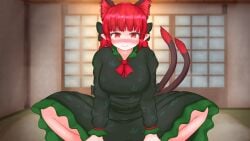 absurdres animal_ears blurry blurry_background blush bow breasts cat_ears cat_tail dress female green_dress hairbow highres large_breasts looking_at_viewer multi_ear multi_tail pov red_eyes red_hair rin_kaenbyou sitting solo_focus tail textless touhou yumenomimizuku