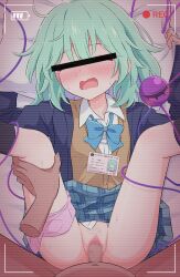 1boy absurdres blue_bow blue_neckwear blush bow bowtie censored condom feet_out_of_frame female green_hair haruki_reimari highres identity_censor koishi_komeiji lying missionary on_back open_mouth panties penis plaid plaid_skirt pov pov_hands school_uniform sex shirt short_hair skirt solo_focus spread_legs straight sweat third_eye touhou underwear vaginal_penetration vest wavy_mouth white_shirt