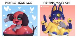 2022 2girls angry angry_face animal_crossing ankha areola_slip bandages big_breasts blue_hair breasts breasts_bigger_than_head canine cherry_(animal_crossing) cleavage covered_nipples disembodied_hand feline female female_focus female_only gammainks happy heart heart-shaped_pupils huge_breasts human_on_anthro male_human/female_anthro meme multiple_girls nintendo nipples petplay petting red_body red_skin skimpy_clothes wagging_tail yellow_body yellow_skin