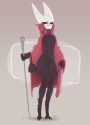 2022 anthro arthropod black_body breasts cloak clothing fecharis female full-length_portrait genitals grey_background hi_res holding_object holding_weapon hollow_knight hornet_(hollow_knight) insects maxmushroom mostly_nude nipples one_breast_out portrait pussy simple_background solo team_cherry video_games weapon