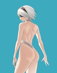 1girls alternate_version_available ass back back_view bare_back bare_thighs big_ass blindfold blue_background female female_only nier nier:_automata nier_(series) pomelomelon short_hair silver_hair solo thighs yorha_2b