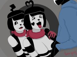 1boy 2girls artist_name bergoq_ew bergoqew big_breasts black_eyes black_hair bonbon_(derpixon) breasts chuchu_(derpixon) cleavage female handjob happy heart_on_cheek hoodie male mime mime_and_dash open_mouth pale_skin striped_clothing text tongue_out