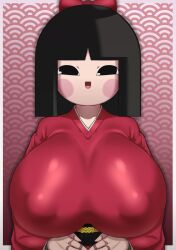 areola_bulge arms_under_breasts big_breasts black_hair breast_focus breasts_bigger_than_head female female_only front_view hands_under_breasts huge_breasts karakuri_mechanism kaxiota kimono looking_at_viewer mob_face oc original_character short_hair simple_eyes small_mouth smile