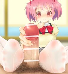 1boy 1girls bar_censor blush breasts censored erection eyebrows_visible_through_hair female footjob hair_ribbon handjob highres maa_(maa1) madoka_kaname mahou_shoujo_madoka_magica mitakihara_school_uniform penis pink_eyes pink_hair pubic_hair ribbon school_uniform short_hair smile socks twintails white_legwear