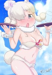 adapted_costume alpaca_ears alpaca_suri_(kemono_friends) alpaca_tail animal_ears areola_slip areolae bare_arms bare_shoulders bikini bikini_top blonde_hair blue_sky blush breast_slip breasts cowboy_shot cup day detached_collar drinking_glass extra_ears eyebrows_visible_through_hair female female_only fur_collar grey_eyes hair_bun hair_over_one_eye hands_up high_resolution holding holding_object holding_tray horizontal_pupils kemono_friends latina looking_at_viewer masuyama_ryou navel nose_blush open_mouth outdoors peruvian_female platinum_blonde_hair ribbon shorts sidelocks sky solo stomach summer sun swimsuit tail tied_hair tray wardrobe_malfunction wrist_cuffs